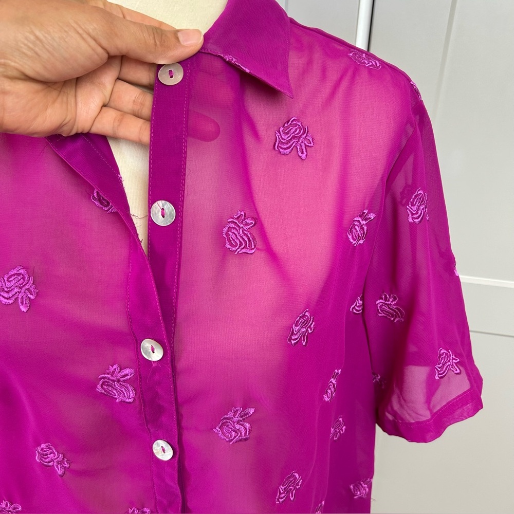 VTG Country Wear Casuals LG Pink Sheer Top Floral Embroidered Y2K Spring Roses - Picture 5 of 8